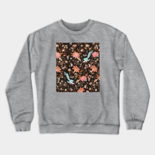 BLUE BIRDS,POMEGRANATE FLOWERS AND BUTTERFLIES Antique Red Brown Floral Pattern Crewneck Sweatshirt